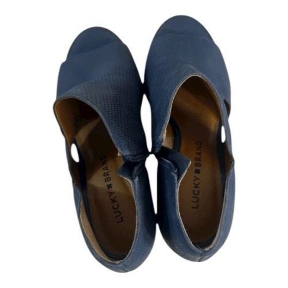 Lucky Brand Jedrek Women Wedge Boots Size 7.5 Leather Blue Heel Zip Peep Toe - Picture 8 of 12